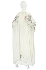 1970s Janice Wainwright Cream Embroidered Caftan Dress