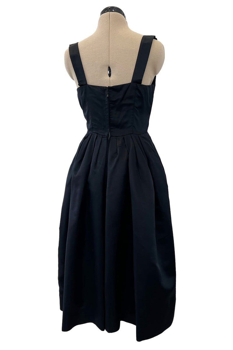 Prettiest 1950s Marshall Field Black Silk Cocktail Dress w Unusual Bodice Detailing
