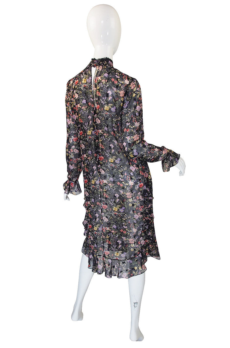 1980s Floral Silk Chiffon Hanae Mori Ruffle Dress