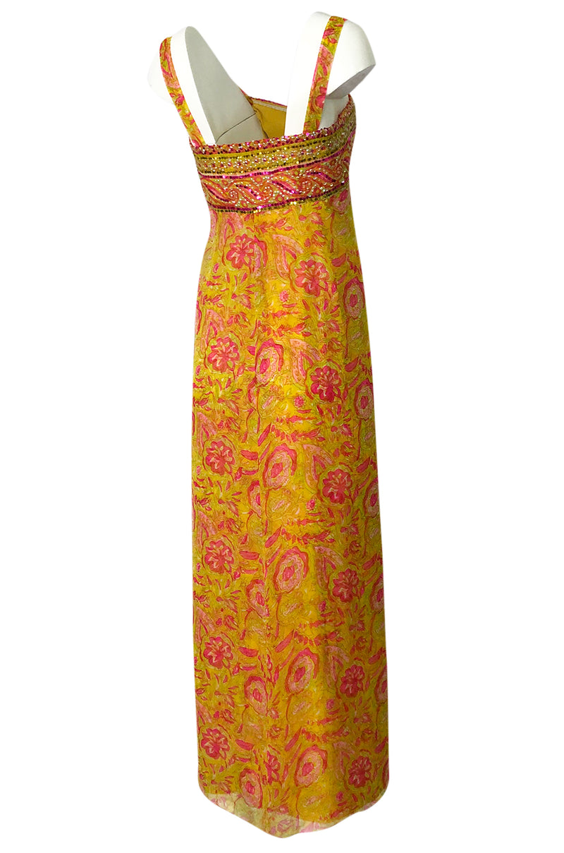 1960s Unlabeled Pink & Gold Sequin Detail Sari Inspired Silk Print Dress