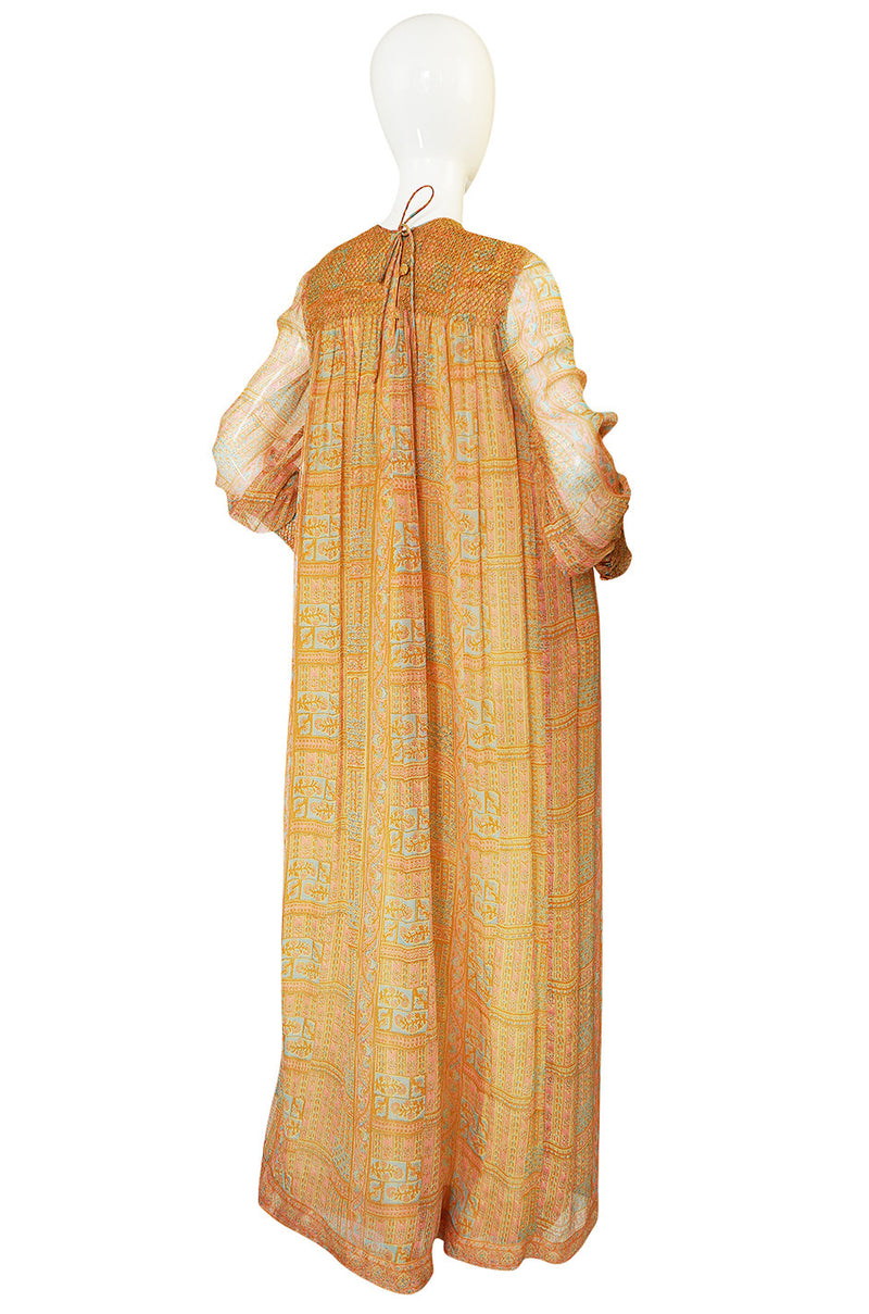 1970s Treacy Lowe Peach Print Silk Chiffon Caftan Dress
