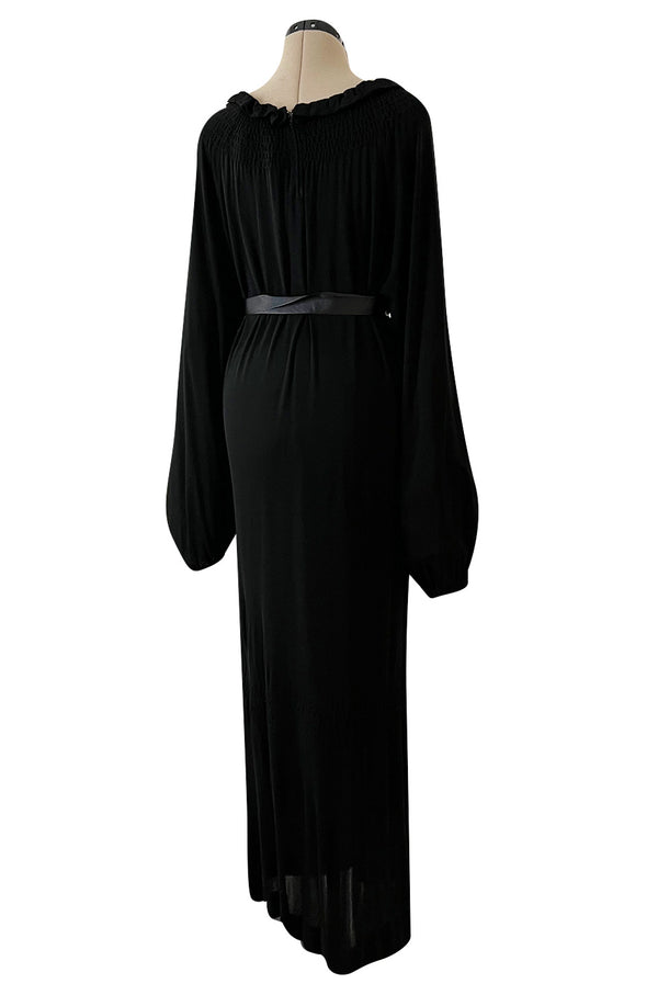 Gorgeous 1970s Givenchy Black Silk Crepe Jersey Dress w Gathered Neckline & Pouf Sleeves