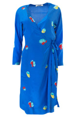 Resort 1980 Halston Abstract Print Blue Silk Wrap Day Dress