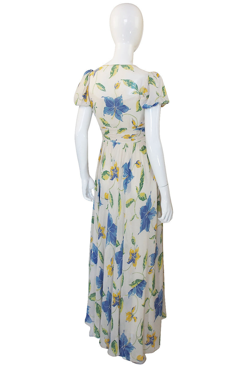 1930s Puffed Sleeve Floral Silk Chiffon Gown – Shrimpton Couture