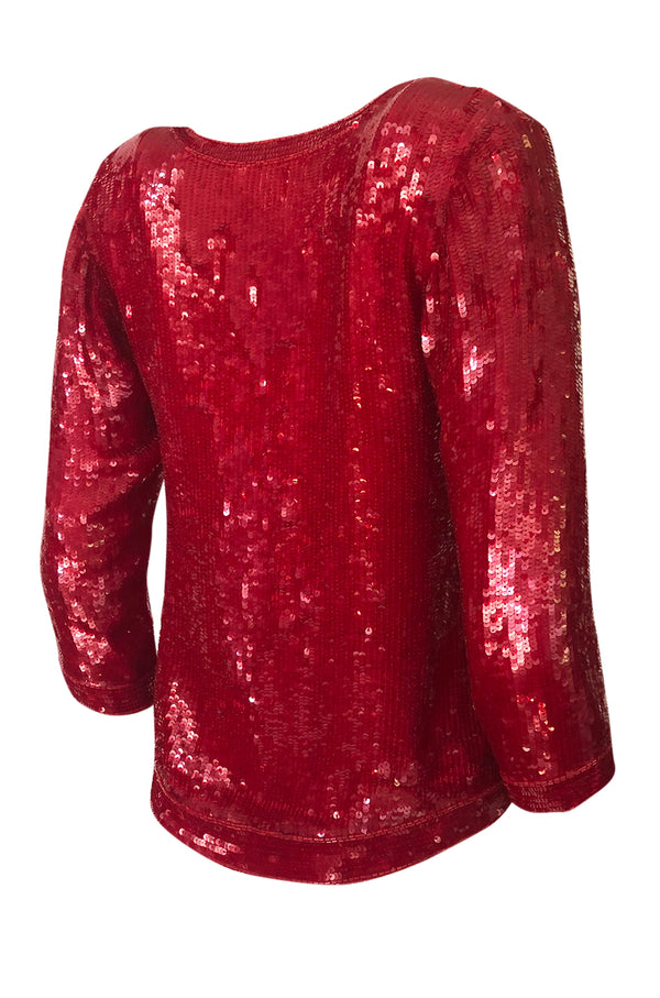 1980s Yves Saint Laurent Densely Covered Red Sequin Tunic Top