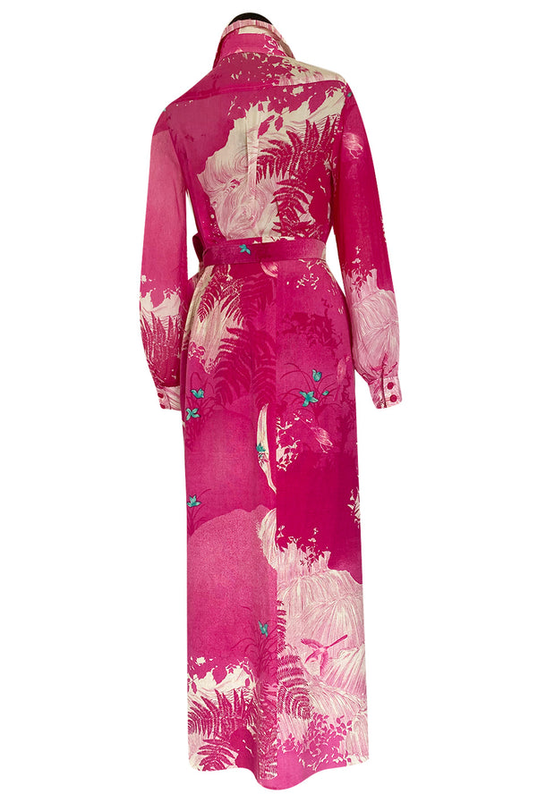 Gorgeous 1970s Hanae Mori Pink Scenic Print Wrap Skirt & Button Down Top Set
