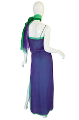 1970s Pauline Trigere Purple & Green Silk Chiffon Set
