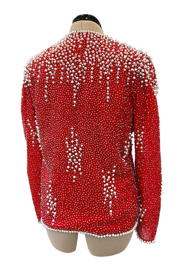Prettiest 1980s Victoria Royal Faux Pearl & Silver Tube Bead Red Jacket