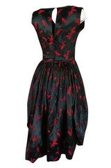 1950s Unlabelled Red & Black Aisian Silk 'Feather' Dress