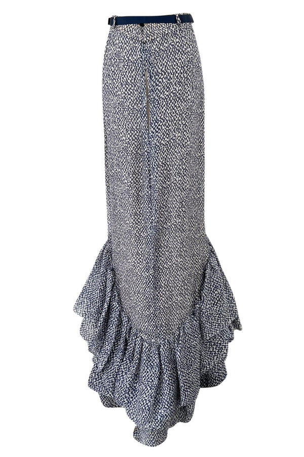 Rare 1970s Madame Gres Haute Couture Blue Print Silk Chiffon Blue Skirt w Ruffled Bottom