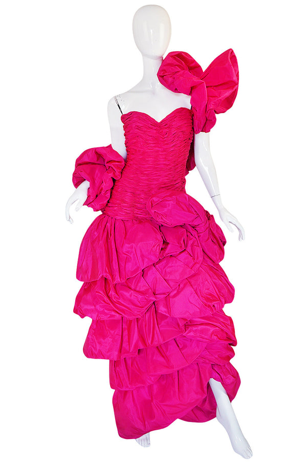 1980s Vivid & Dramatic Loris Azzaro Couture Pink Silk Gown