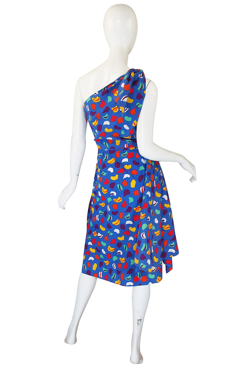 1970s Guy Laroche One Shoulder Bright & Pretty Print Dress