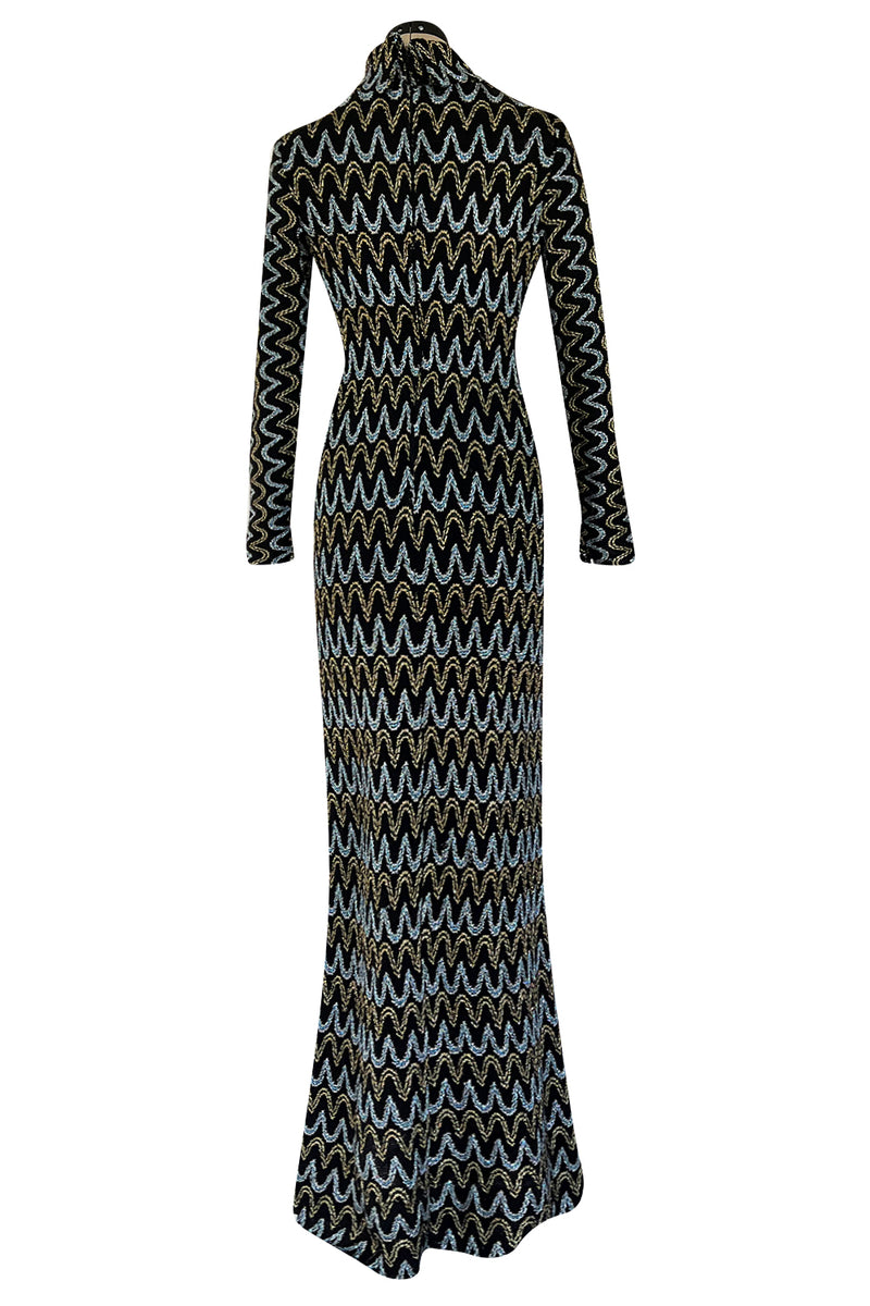 Incredible 1970s Loris Azzaro Metallic Silver & Gold Black On Black Knit Dress