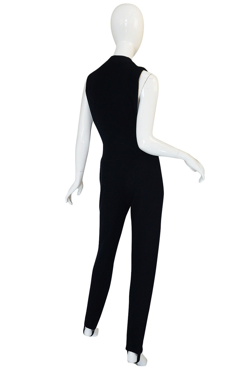 1980s Donna Karan Plunging Stretch Stirrup Pant Jumpsuit