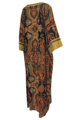 1960s Unlabeled Printed Velveteen & Elaborate Gold Braid Caftan Dress