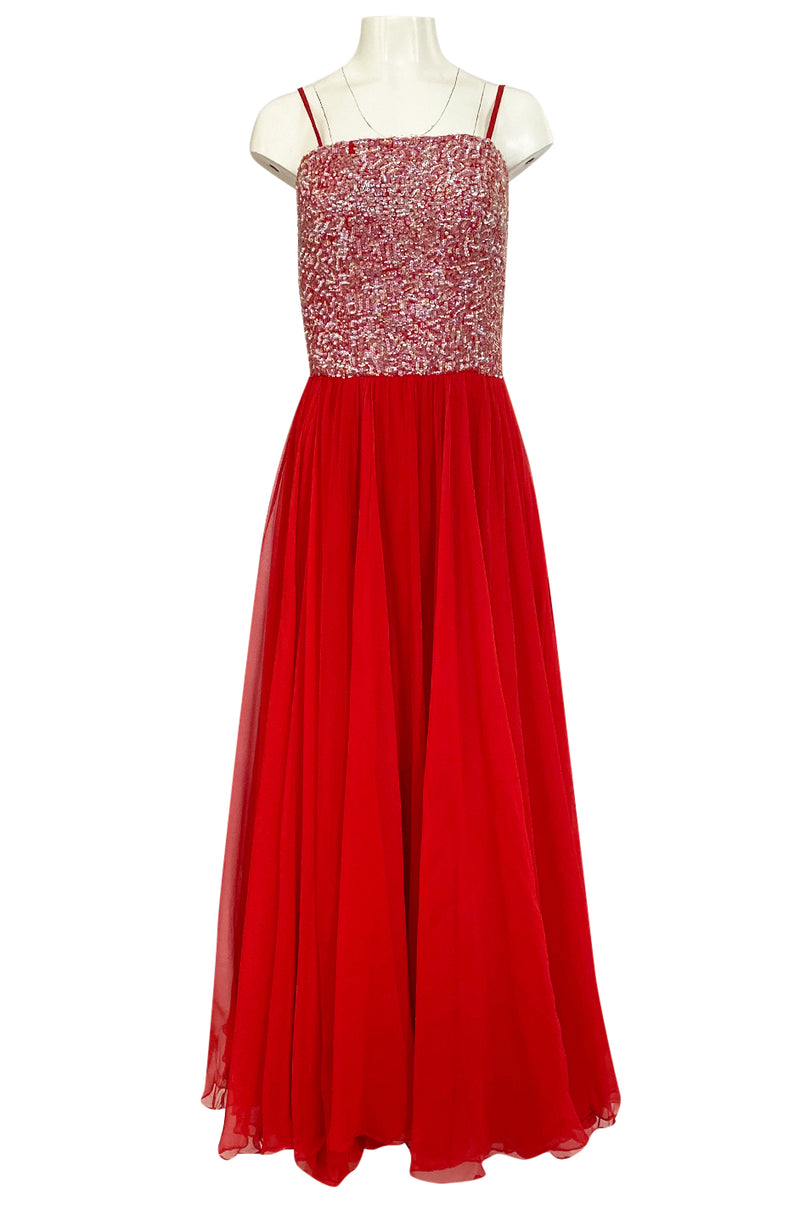 1960s Unlabeled Red Silk Chiffon & Sequin Dress w Matching Cape