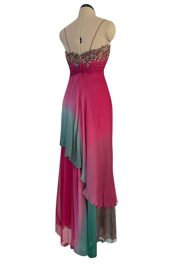 1980s Vicky Tiel Couture Pink & Greem Silk Chiffon Dress w Bead & Sequin Bodice