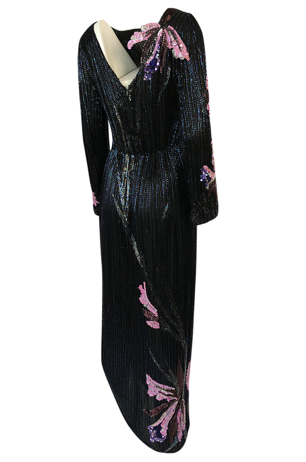 Spring 1983 Bob Mackie Hand Applied Bead & Sequin Silk 'Orchid' Dress