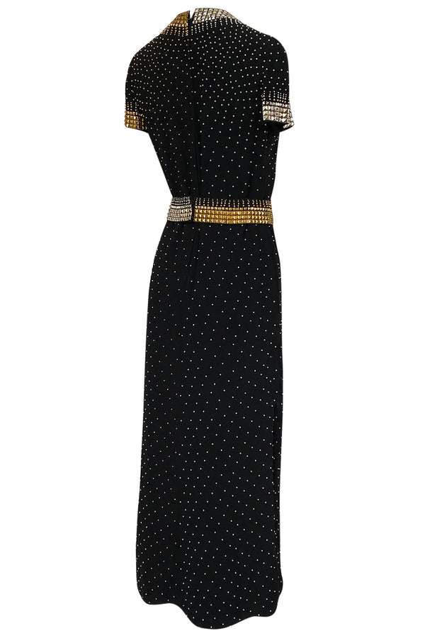 1971-73 Donald Brooks Brass and Silver Stud & Bead Black Crepe Dress
