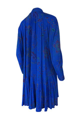1970s Jean Muir Hand Painted Blue Jersey Smock Dress