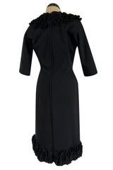 Fabulous Little Late 1950s Unlabeled Black Wool Jersey Ruffled Hem & Collar Dress