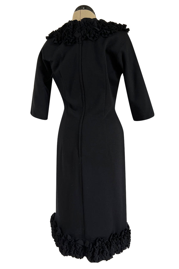 Fabulous Little Late 1950s Unlabeled Black Wool Jersey Ruffled Hem & Collar Dress