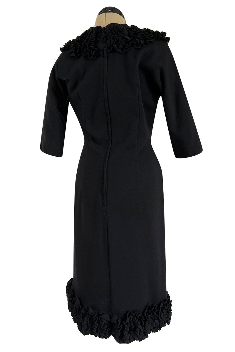 Fabulous Little Late 1950s Unlabeled Black Wool Jersey Ruffled Hem & Collar Dress