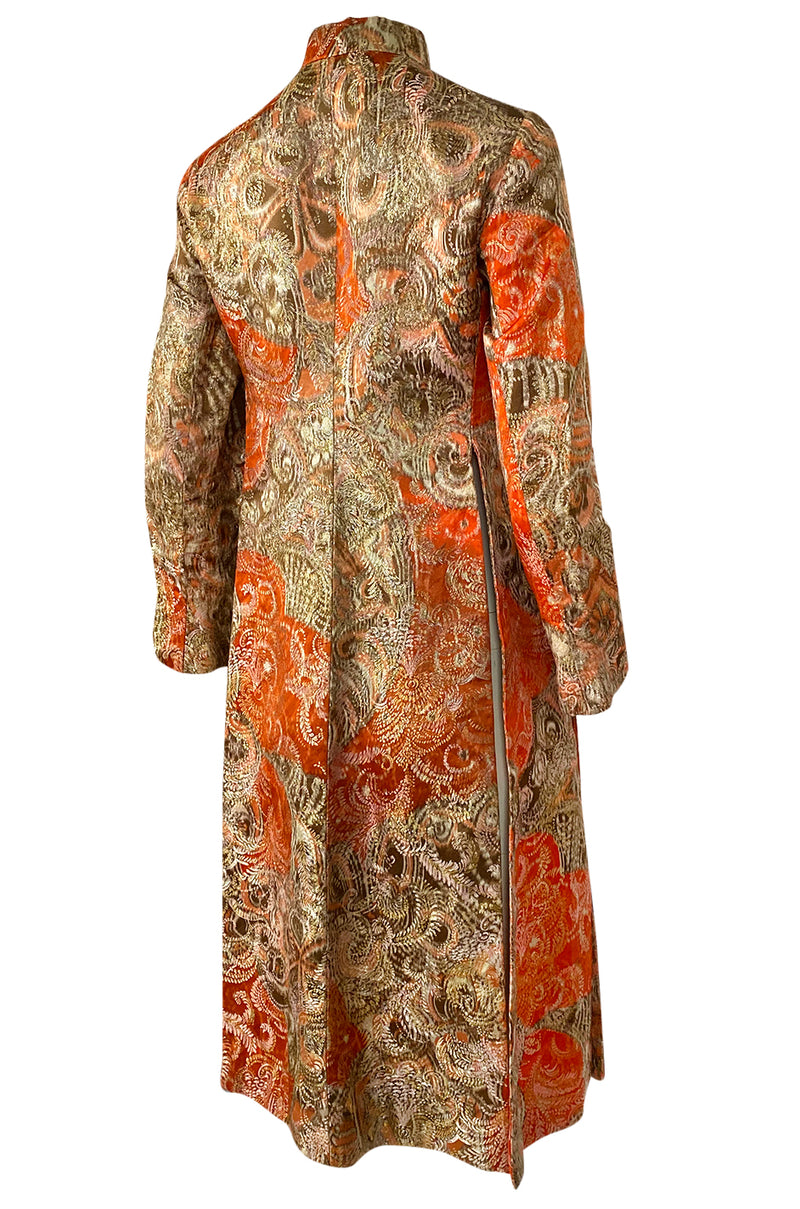 Unusual 1960s Bill Blass Open Panel Gold & Coral Metallic Coat