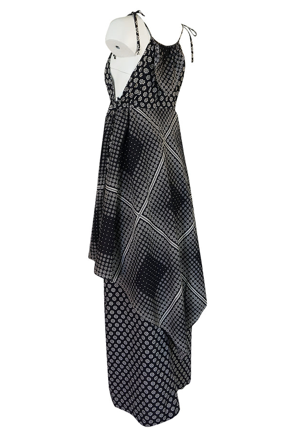 1970s Arjon California 'Bandana" Scarf Tiered Navy Halter Dress