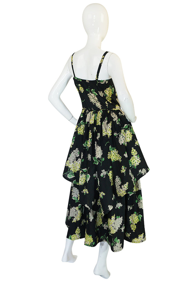 Late 1940s Sequin & Floral Print Cotton Voile Tiered Skirt Dress