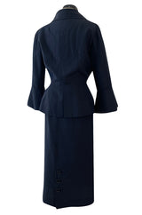 Stunning 1950s Jacques Fath Deep Navy Blue Silk Button Vent & Side Button Jacket Suit