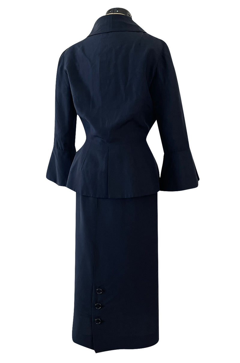 Stunning 1950s Jacques Fath Deep Navy Blue Silk Button Vent & Side Button Jacket Suit