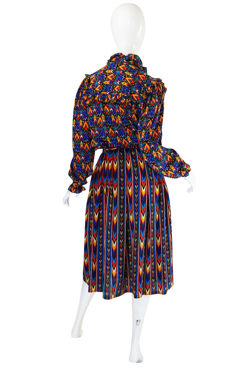 1970s Yves Saint Laurent Ikat Print Silk Skirt & Top
