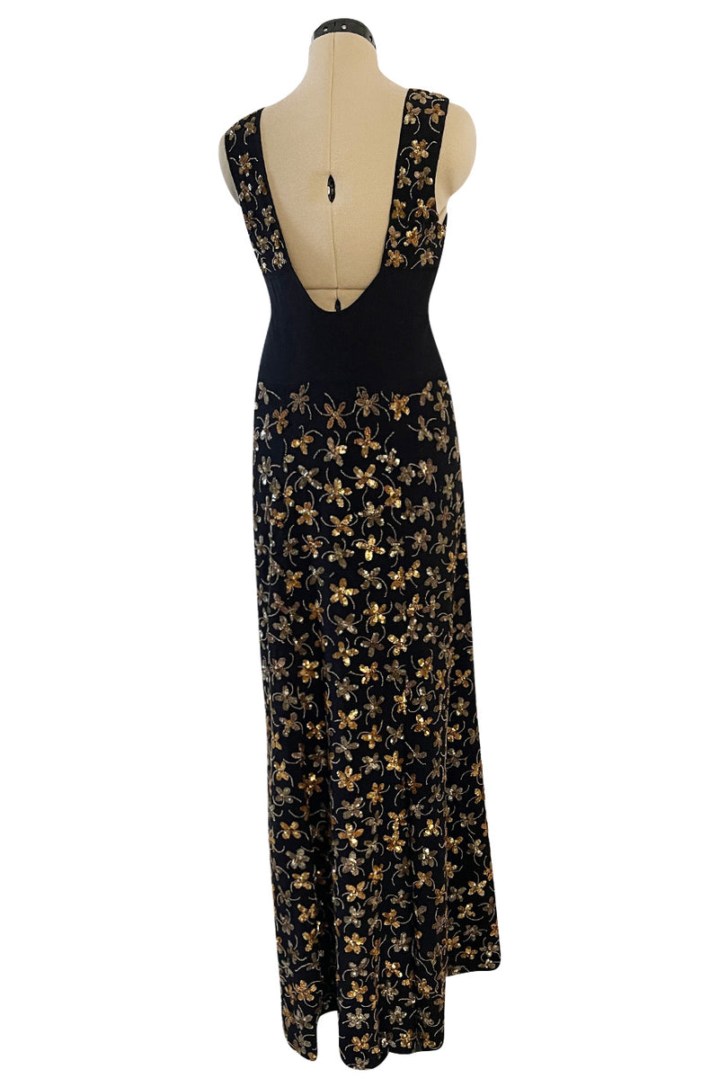Incredible 1930s Black Moss Silk Crepe Dress Densely Covered w Rare Gelatin Sequins & Seed Beads