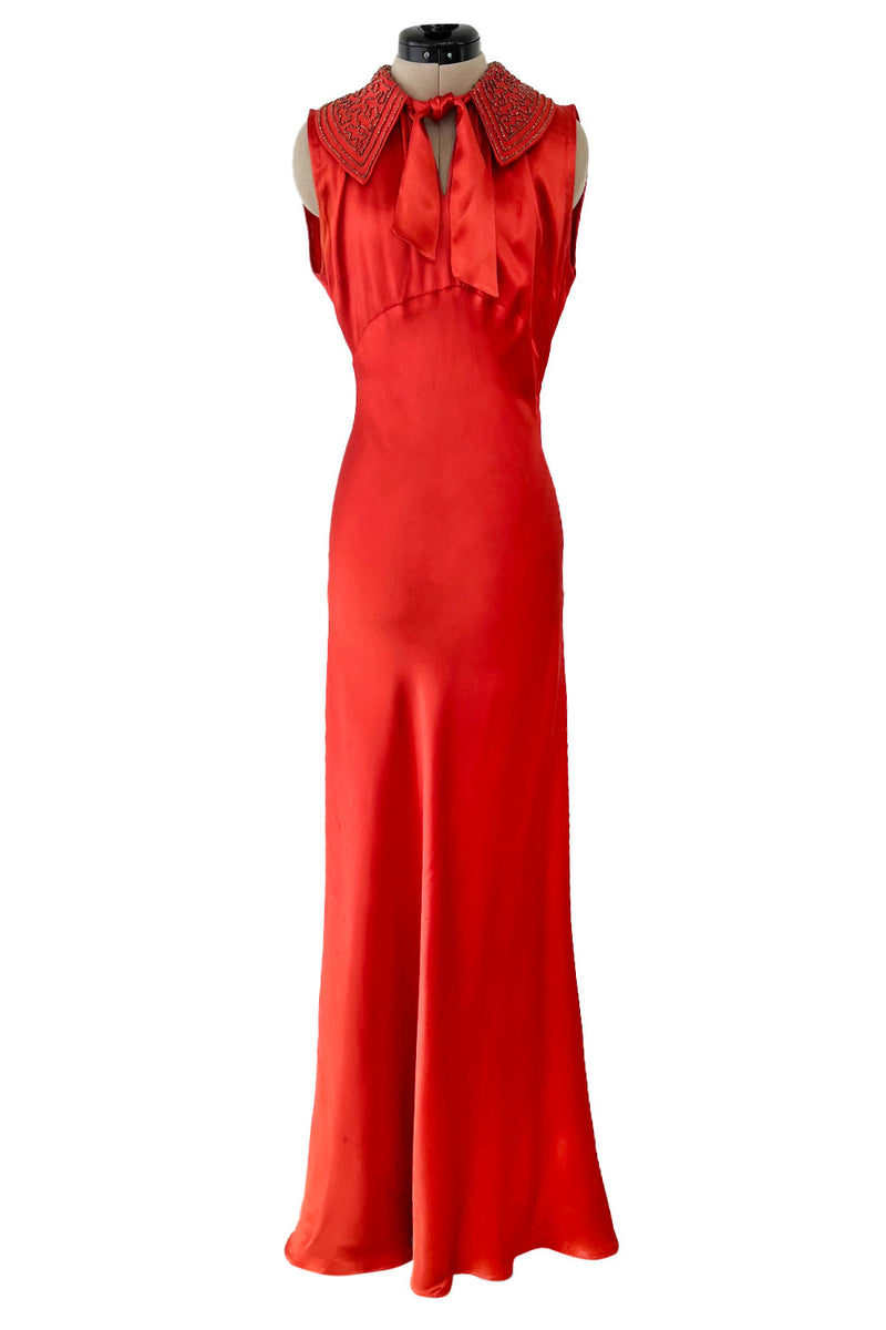 Gorgeous 1930s Coral Red Bias Cut Dress w Back Cut Outs & Matching Bea Shrimpton Couture Gorgeous 1930s Coral Red Bias Cut Dress w Back Cut Outs & Matching Bea Shrimpton Couture