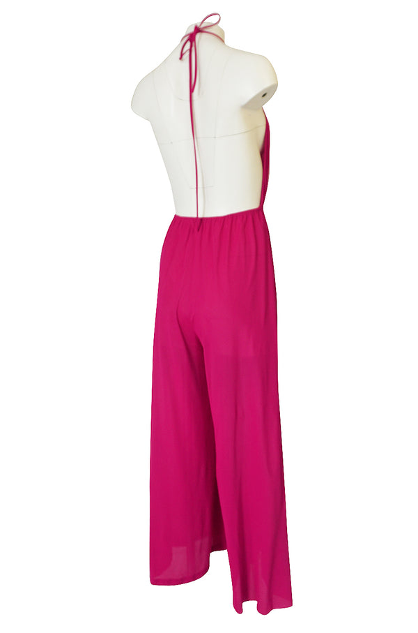 1960s Unlabelled Bright Pink Nylon Wide Leg Backless Jumpsuit