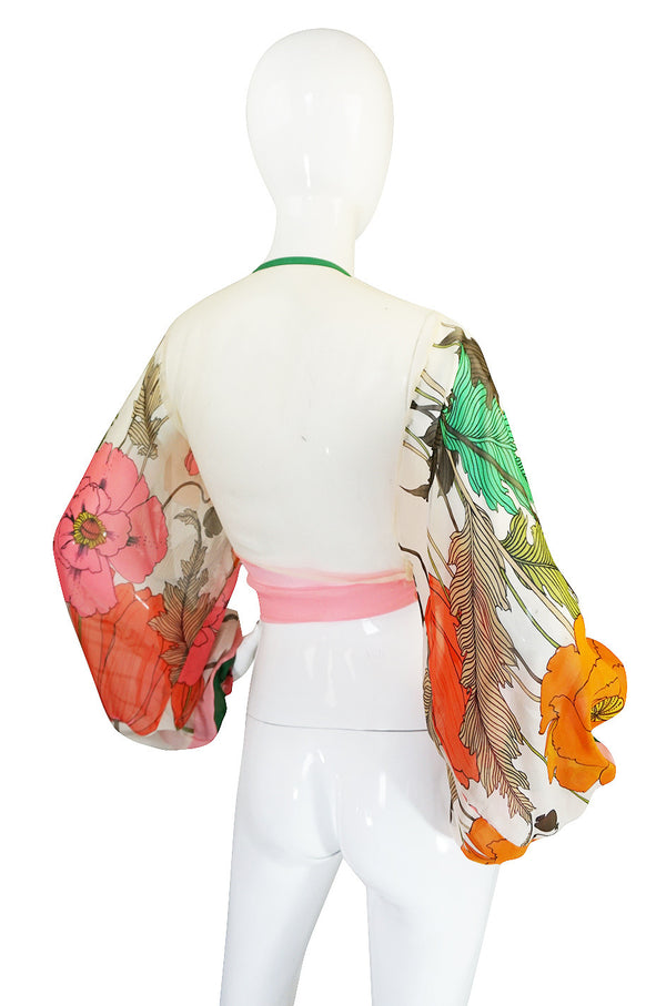 1960s Printed Ballon Sleeve Silk Chiffon Wrap Top