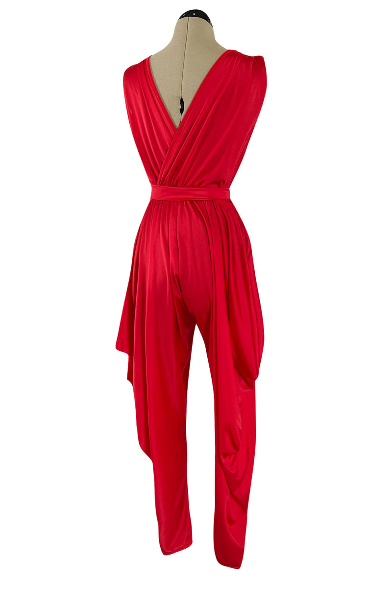 1980s Cattani Plunge Frint and Back Red Jersey Jumpsuit w Draped Legs