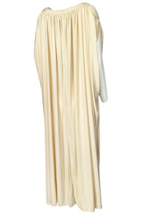 Rare 1970s Yuki Ivory Draped Jersey Open Shoulder Caftan Dress