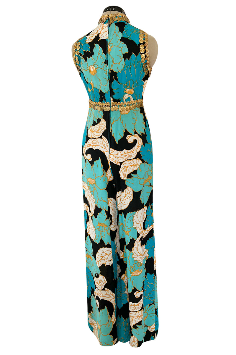 Gorgeous 1960s Unlabeled Tropical Blues Floral Print Jumpsuit w Gold Coin & Cord Detailing