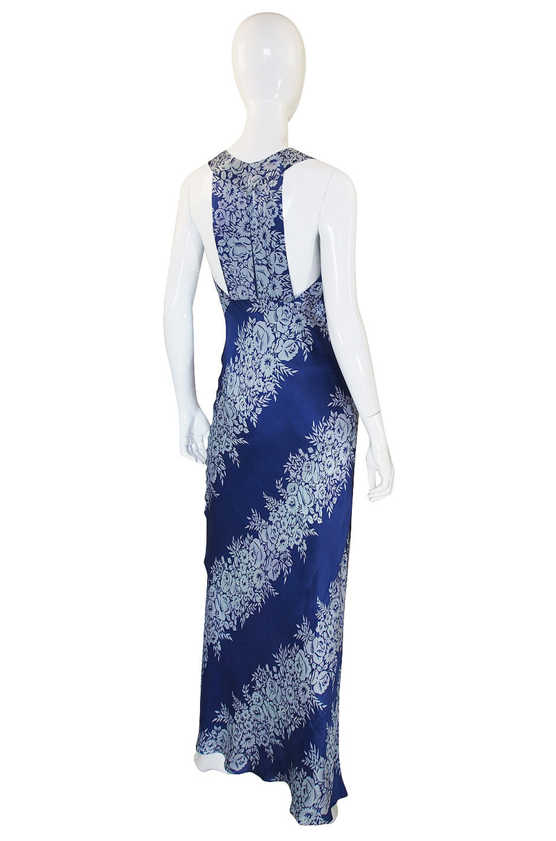 1930s Blue Bias Cut Silk Spiral Gown
