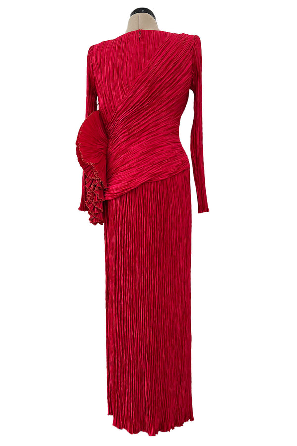 Runway Fall 1988 Mary McFadden Couture Red Pleated Dress w Gold Edged Ruffle Detailing