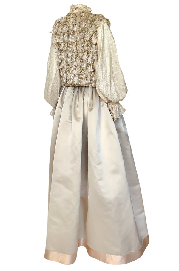 Fall 1977 Bill Blass Couture Gold Top, Tassle Vest & Ivory Silk Skirt Dress Set