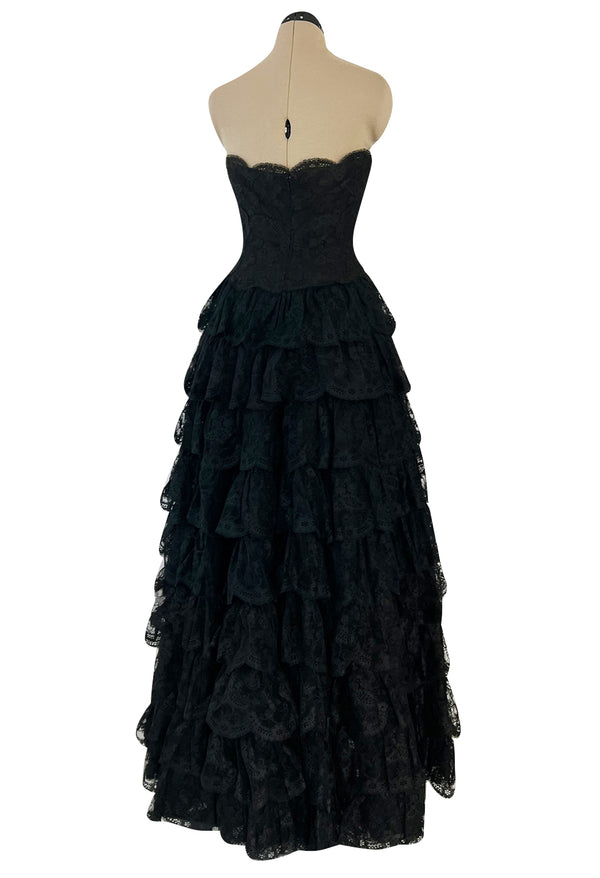 Magnificent 1980s Arnold Scaasi Couture Strapless Tiered Black French Lace Dress
