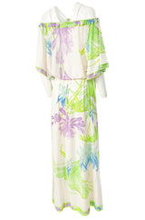 1970s Leonard Paris Off Shoulder Tropical Floral Print Silk Jersey Dress
