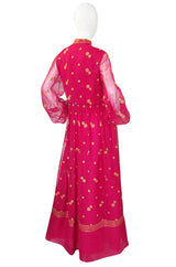 1960s Pink Chiffon & Gold Mexican Dress