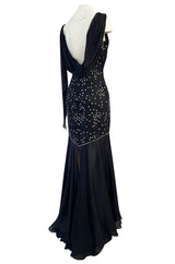 1980s Genny Draped Backless Black Silk Dress w Silver Star Thread Detailing