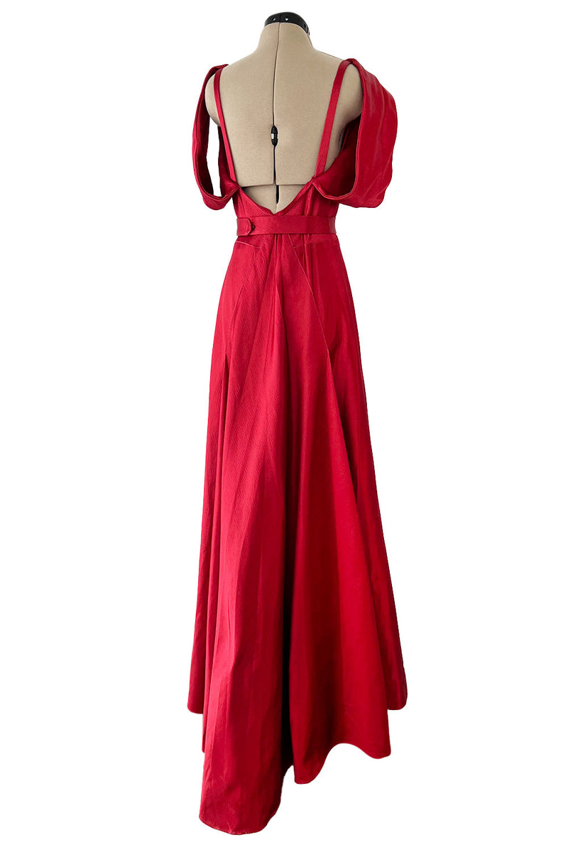 Stunning 1930s Hammered Silk Satin Deep Red Dress w Low Back & Unusual Sleeves