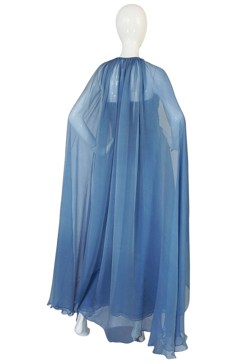 Spring 1990 Oscar de la Renta Ice Blue Silk Chiffon Dress & Cape