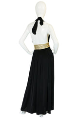 1980 Bill Tice Plunge Black & Gold Backless Halter Dress